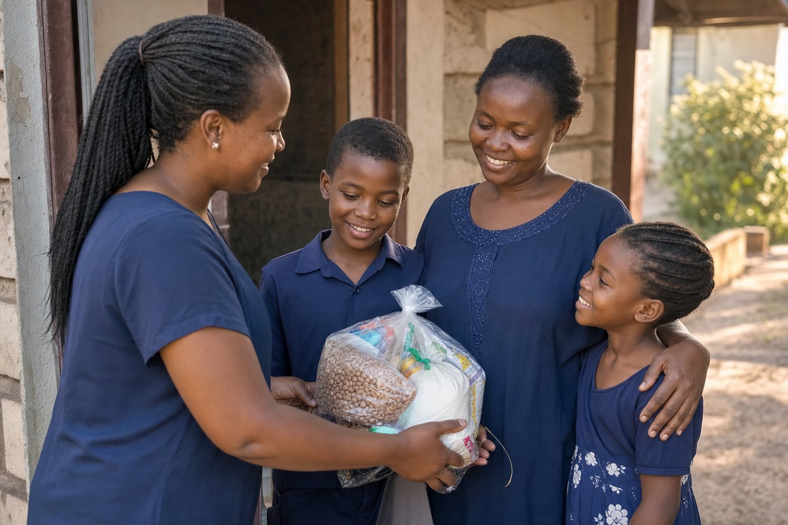 Volunteer offering a family a practical care package